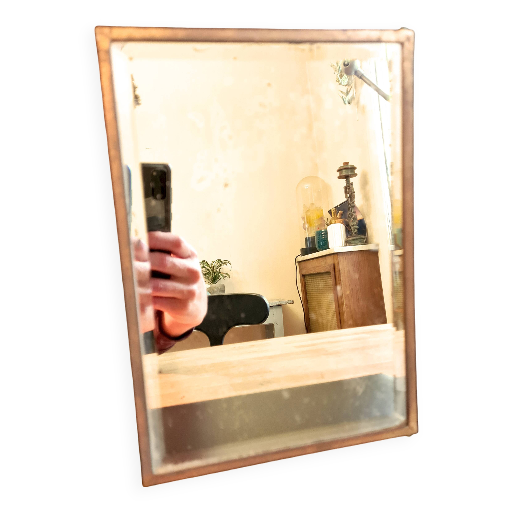 Beveled mercury mirror and japanese art nouveau illustration on the back