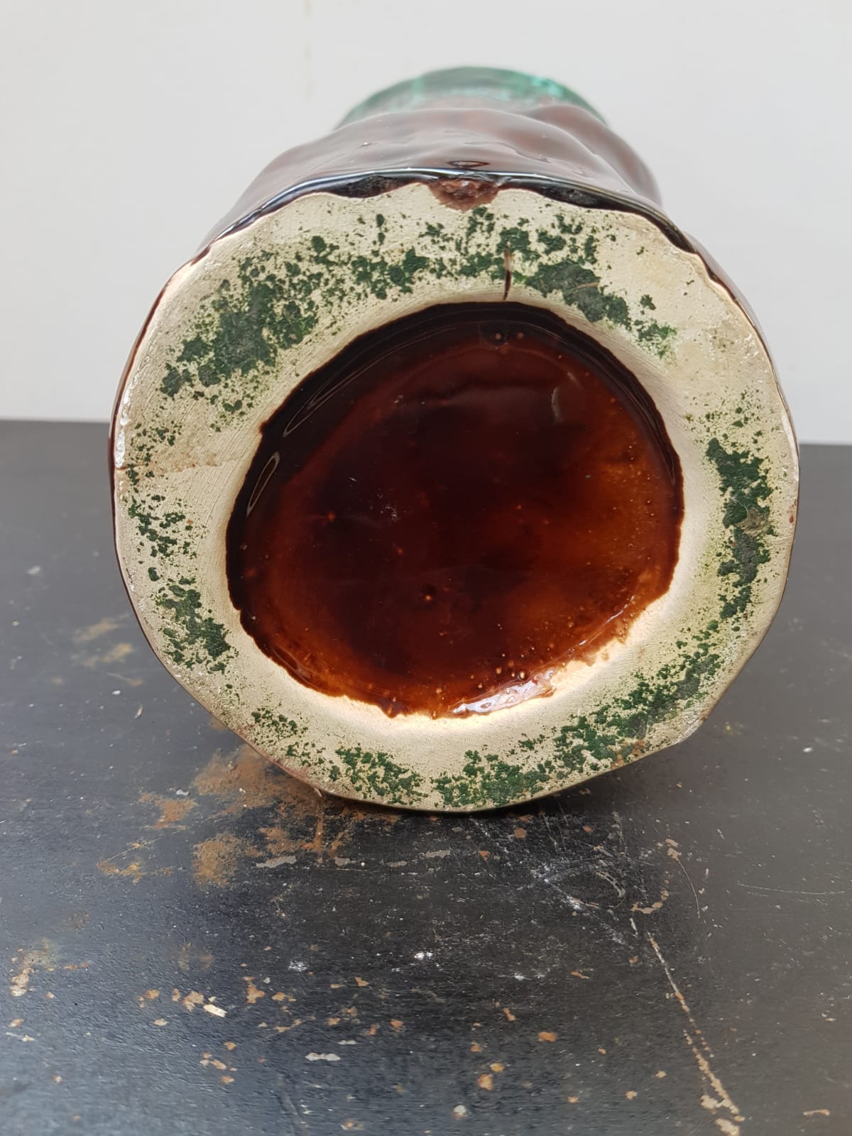 Old Ceramic Vase Form Trunk Brown Green Drips Vintage