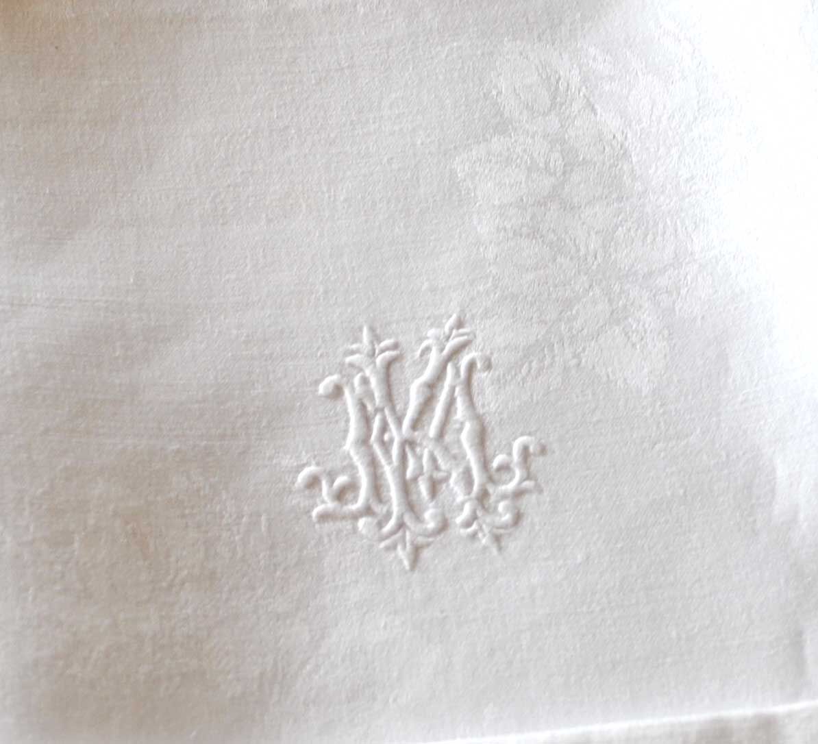 Set of 5 vintage towel towels in damask cotton embroidered monogram MK 75x75