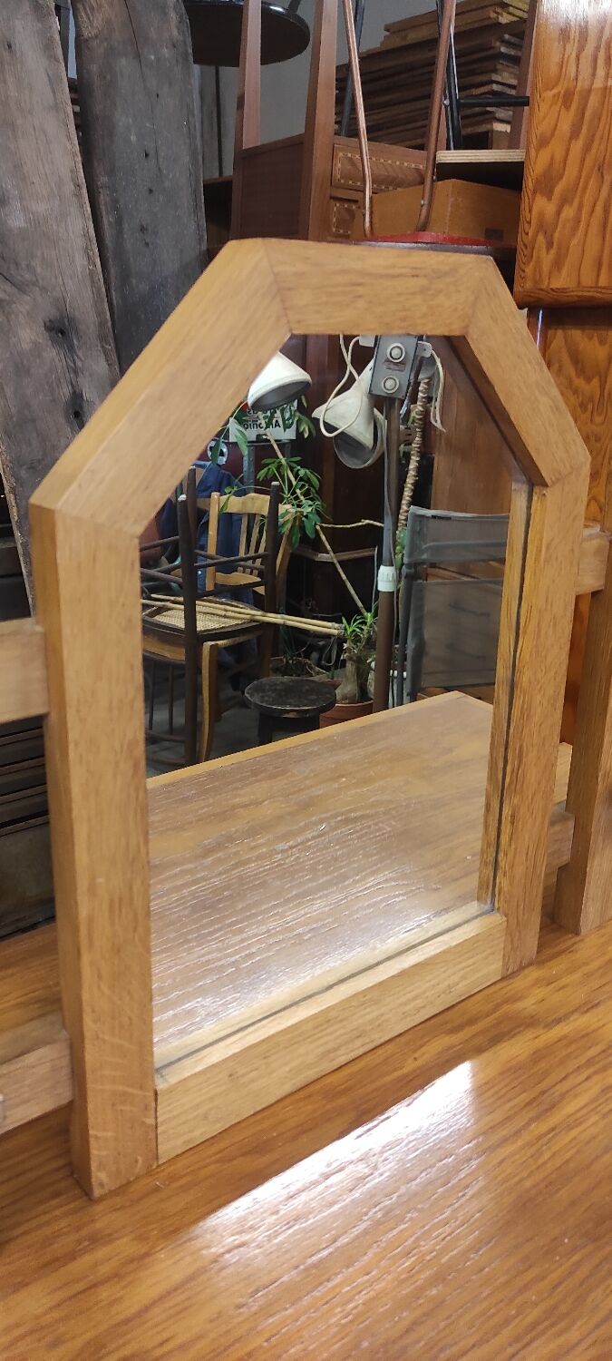 Vintage wooden coat rack with modernist design mirror 4 hooks