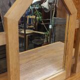 Vintage wooden coat rack with modernist design mirror 4 hooks