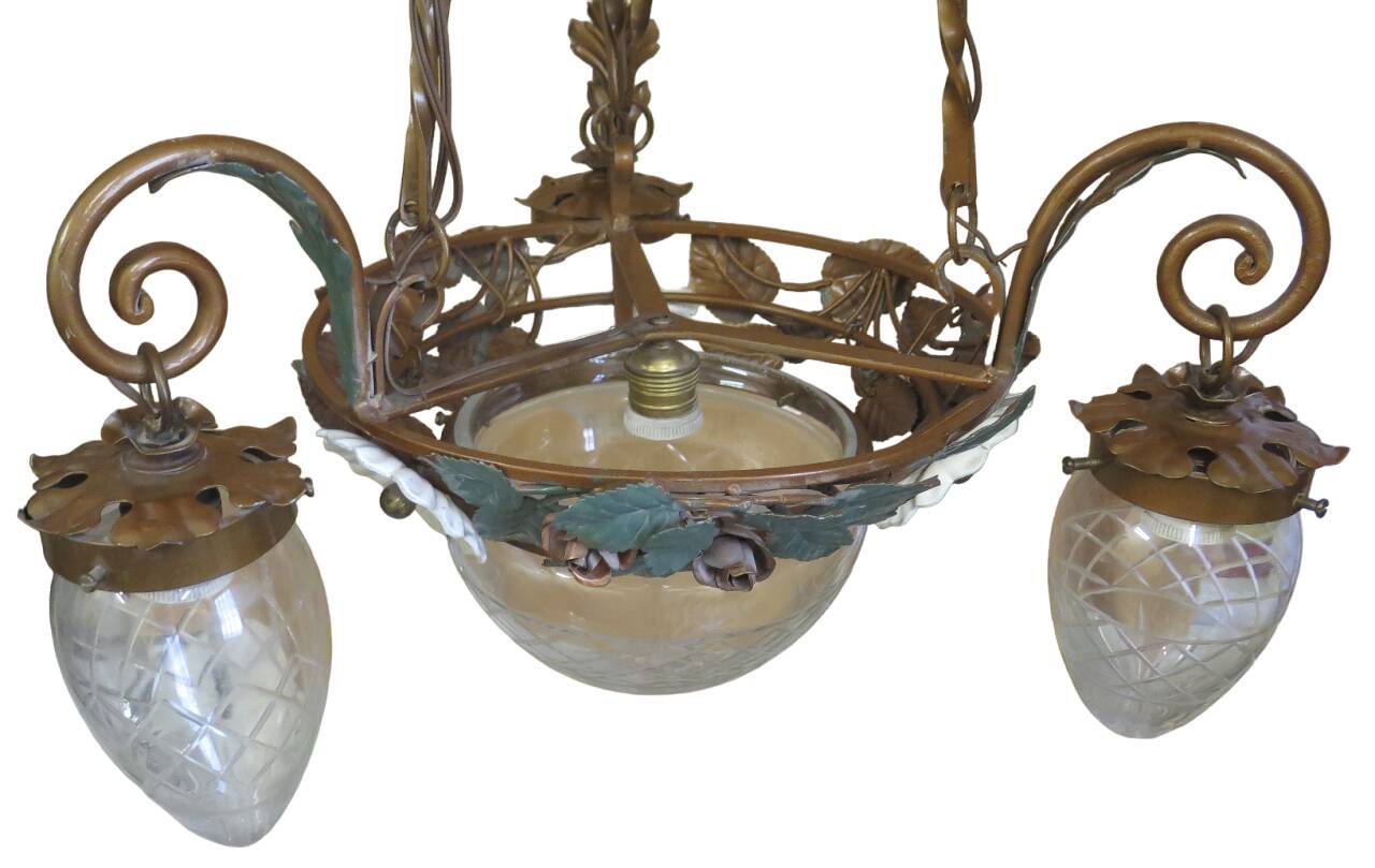 Chandelier wrought iron chandelier three bulbs with leaf flowers and glass lampshades