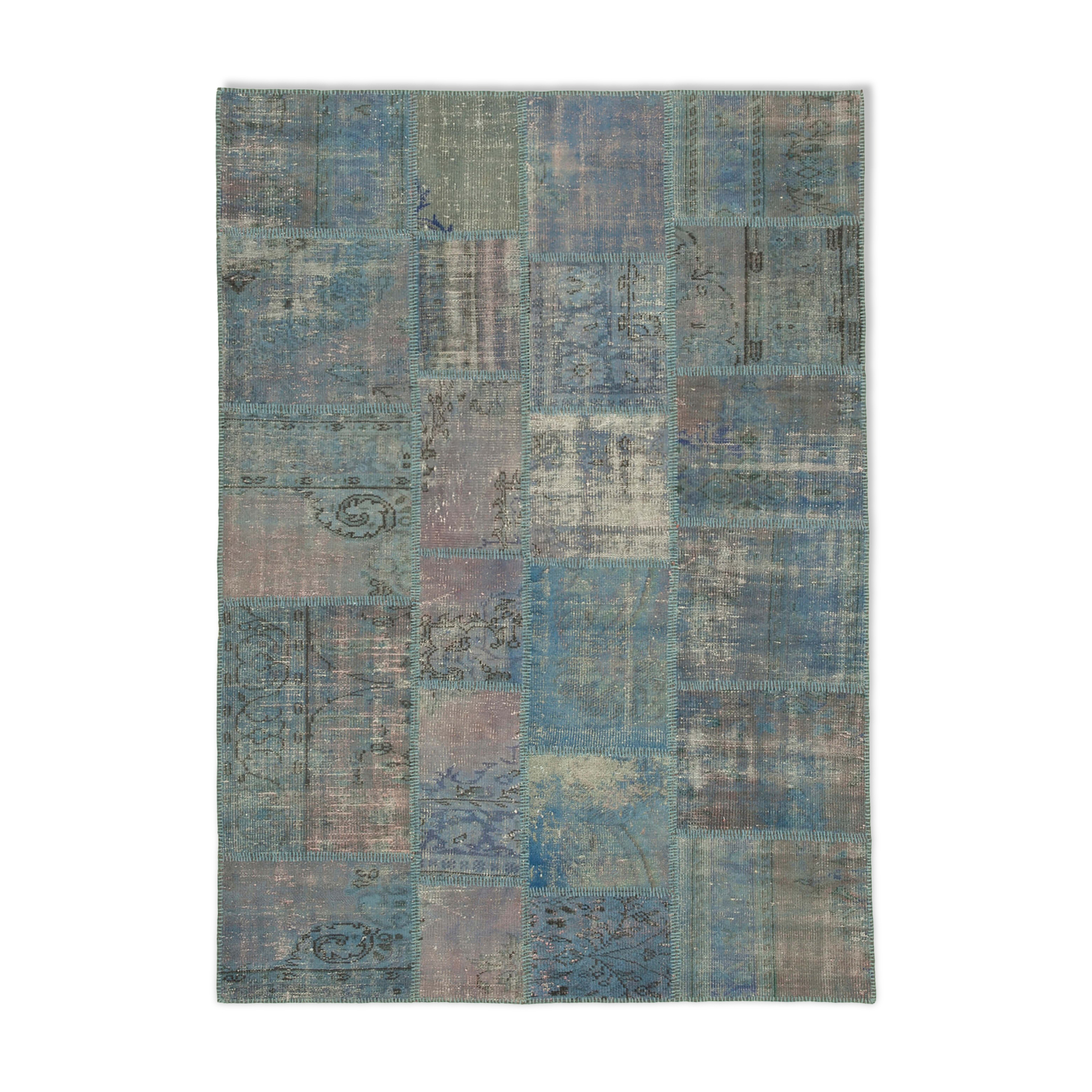 Hand-knotted anatolian contemporary 177 cm x 247 cm blue patchwork carpet