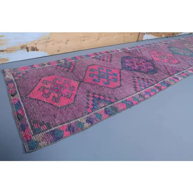 Vintage Purple Pink Natural Turkish Hand-Knotted Runner 82x355