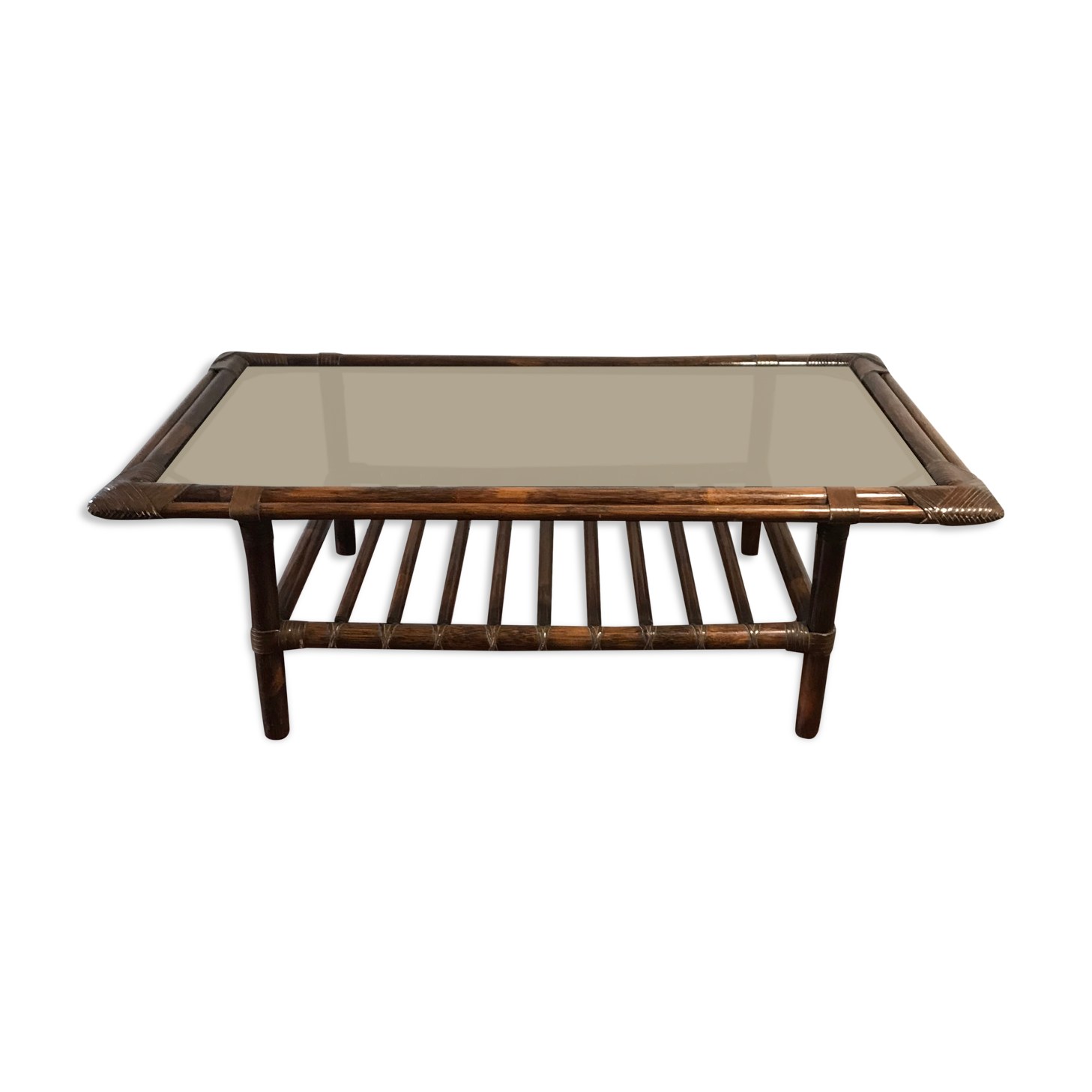 Rattan coffee table and vintage leather link 1970