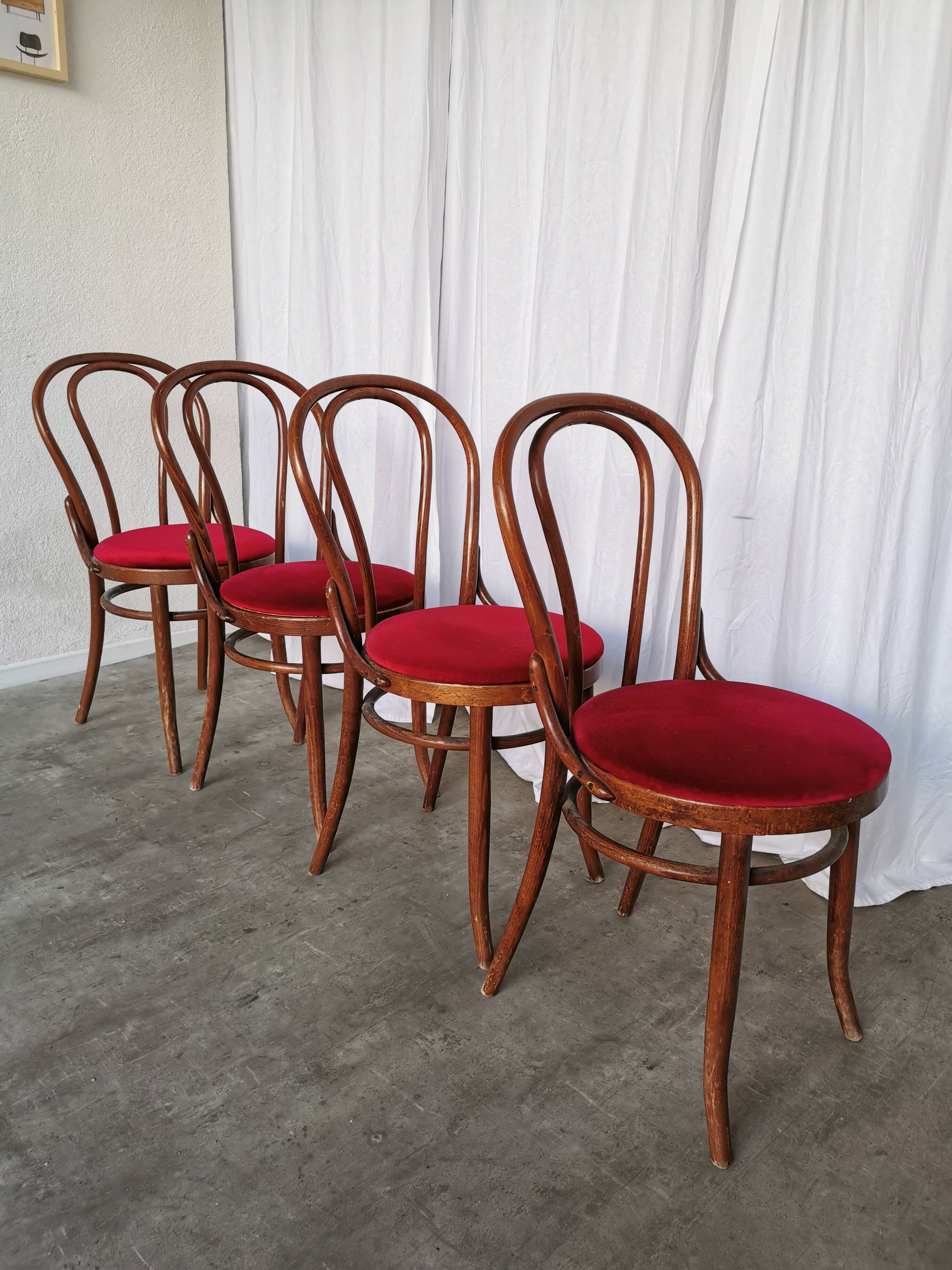 Set of 4 Vintage Bentwood Bistro Chairs, Red Upholstery