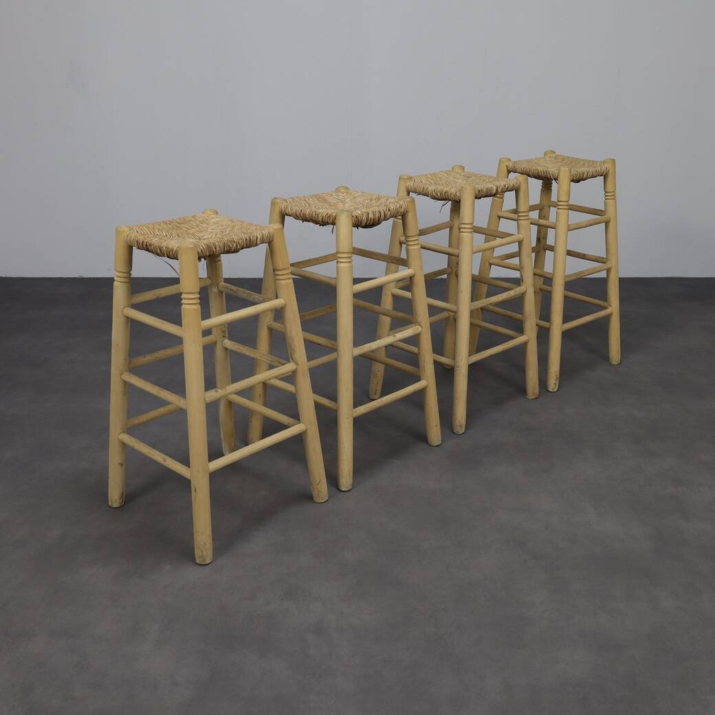 Set of 4 Barstools in Wood and Cane, 1970s