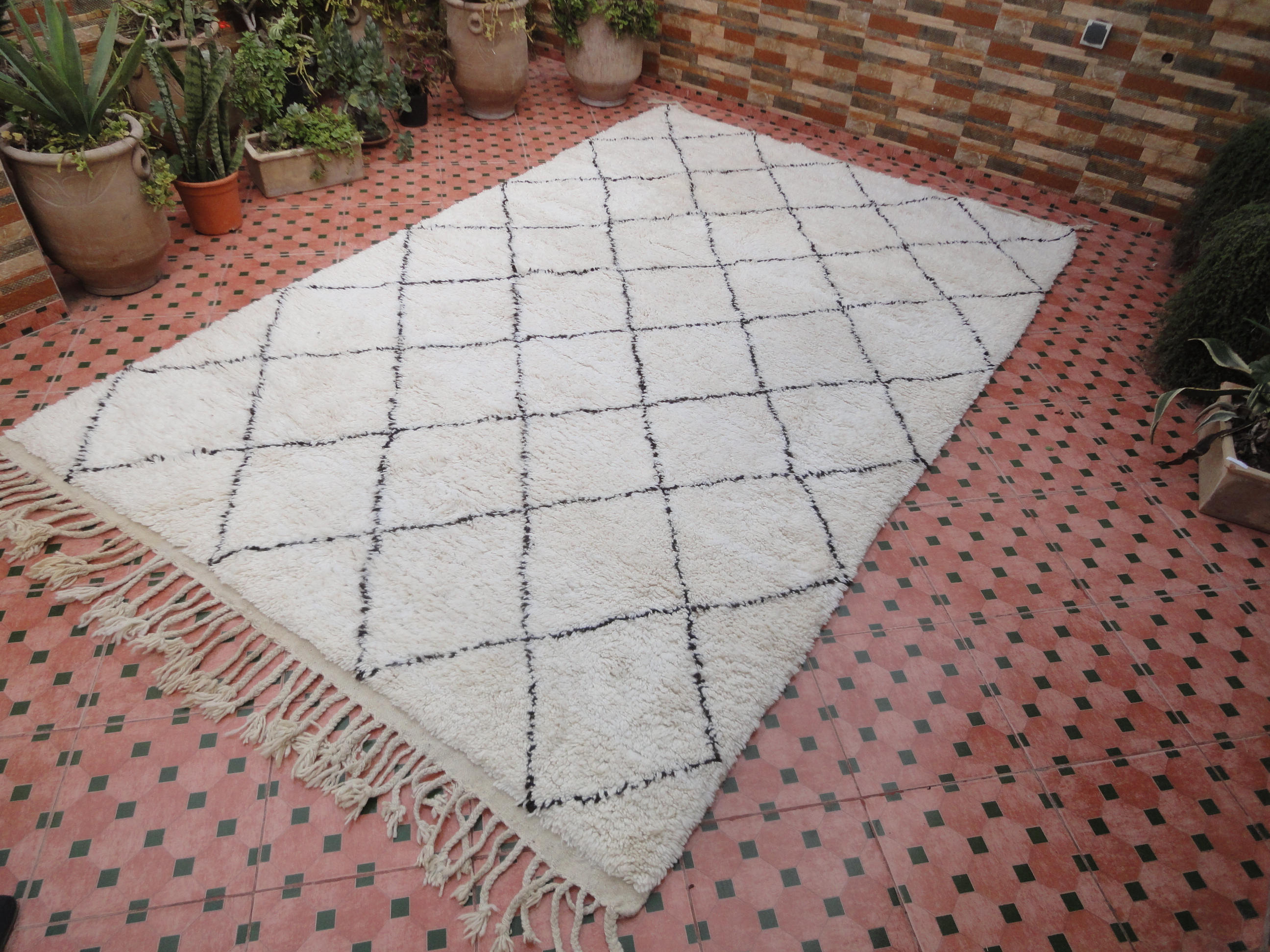 Moroccan beni ourain vintage berber carpet with dark brown diamond 313 x 200 cm