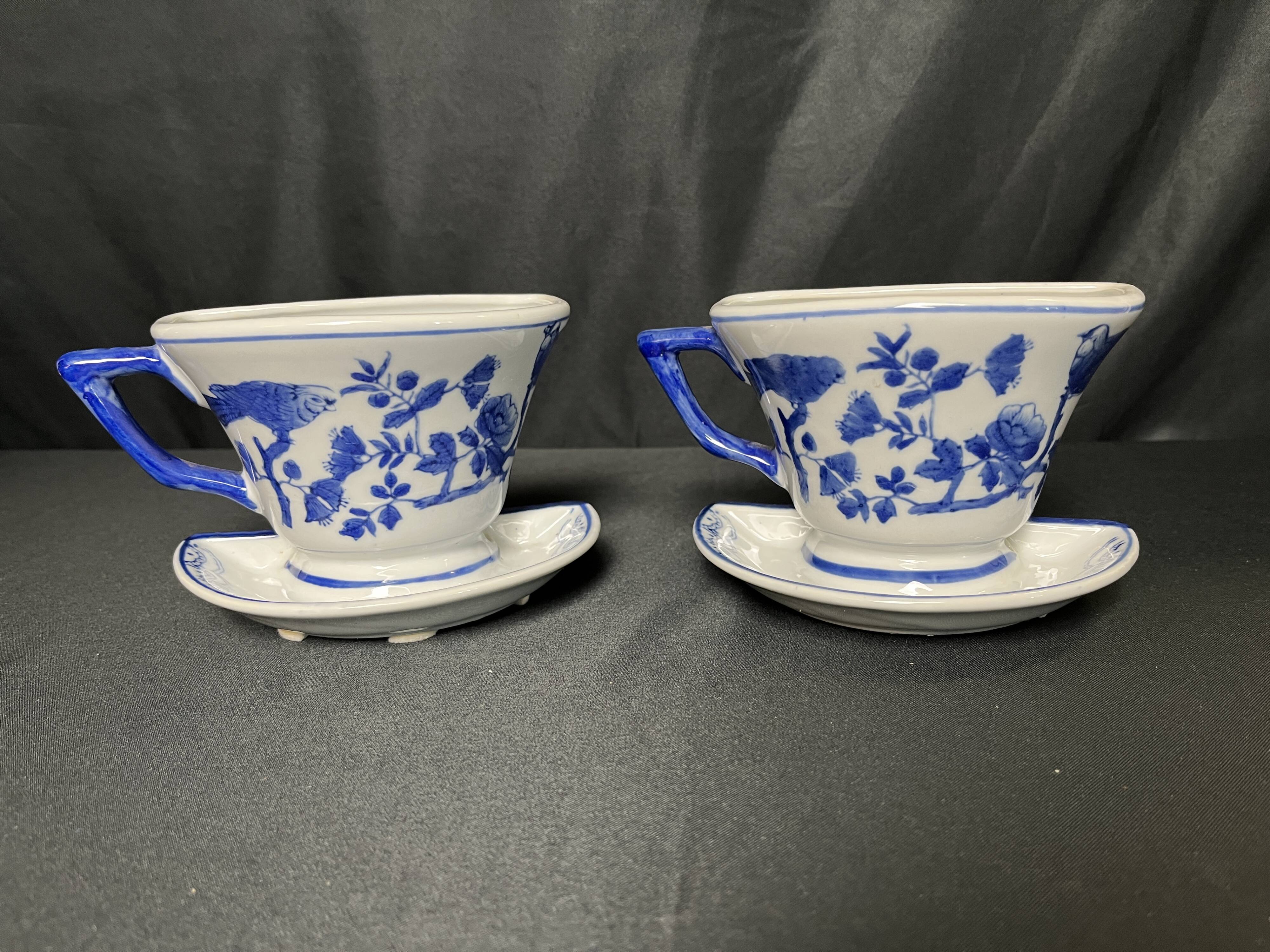 Set of white and blue porcelain flower cups from the early 20th century