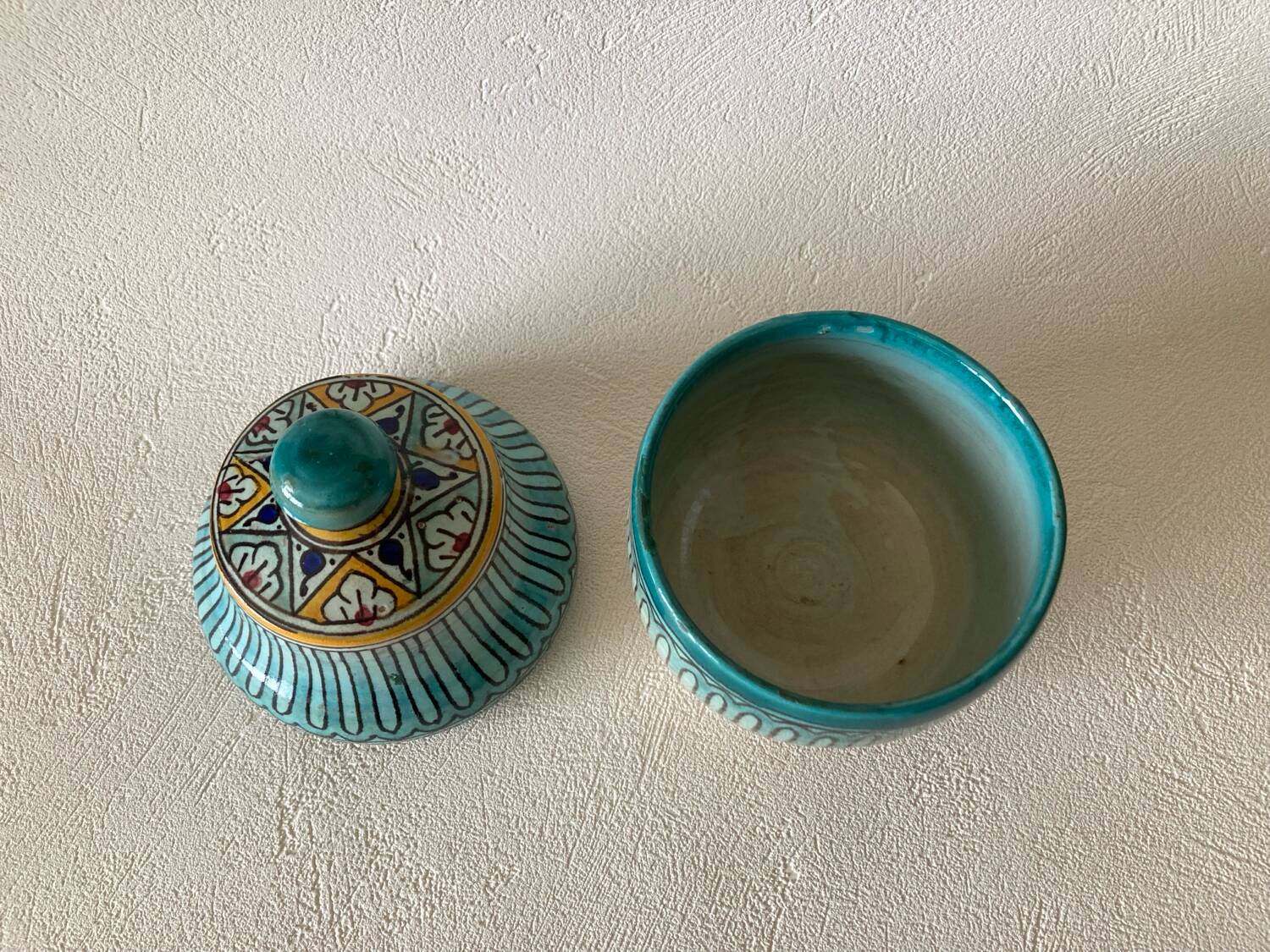 Small butter pot Jobbana Morocco Fez 19th century with centipede and geometric decorations
