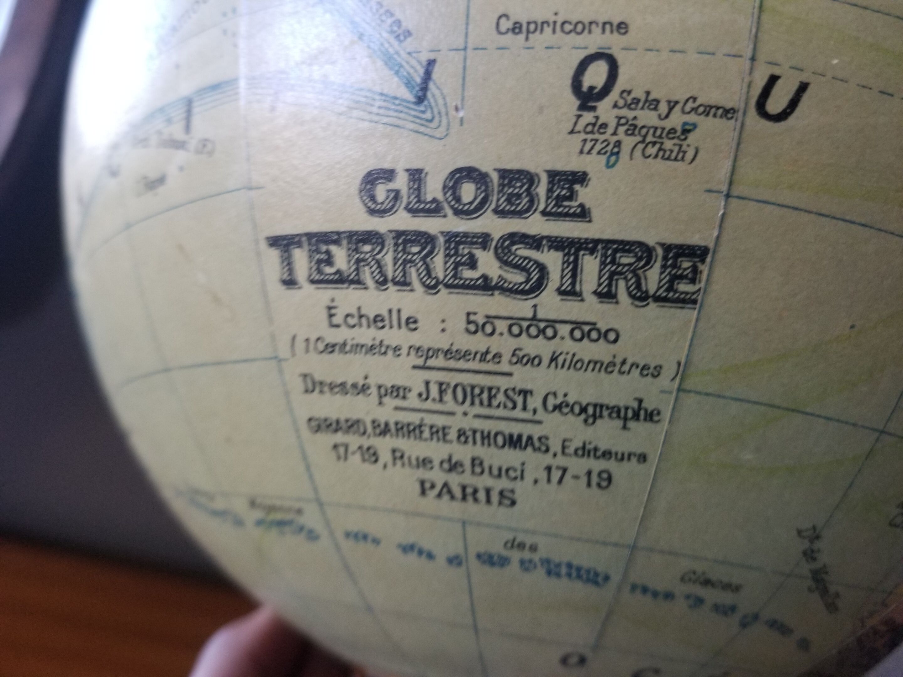 Ancient Light Earth Globe by Girard, Barrère and Thomas