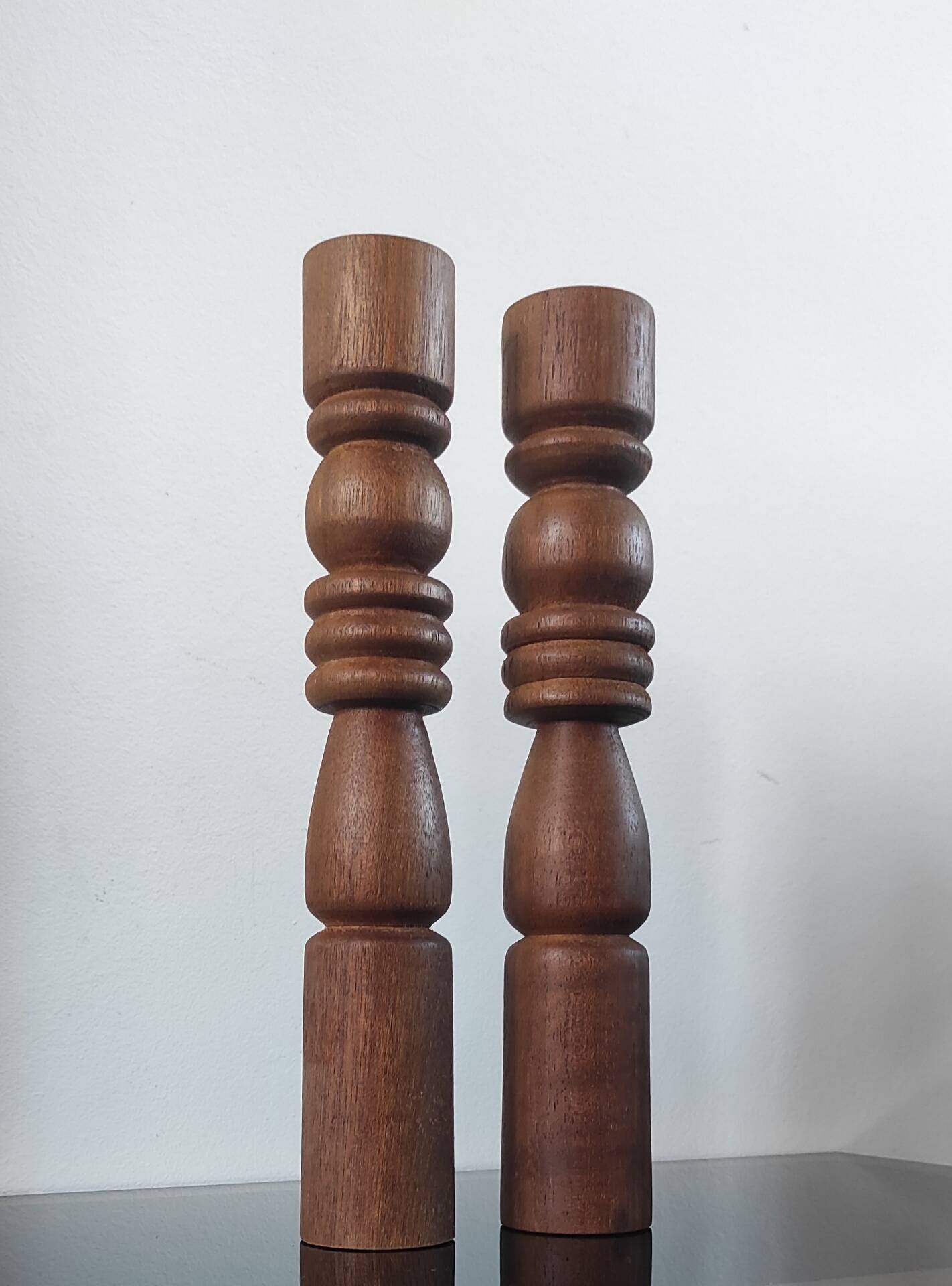 Brutalist turned wood candlestick pair