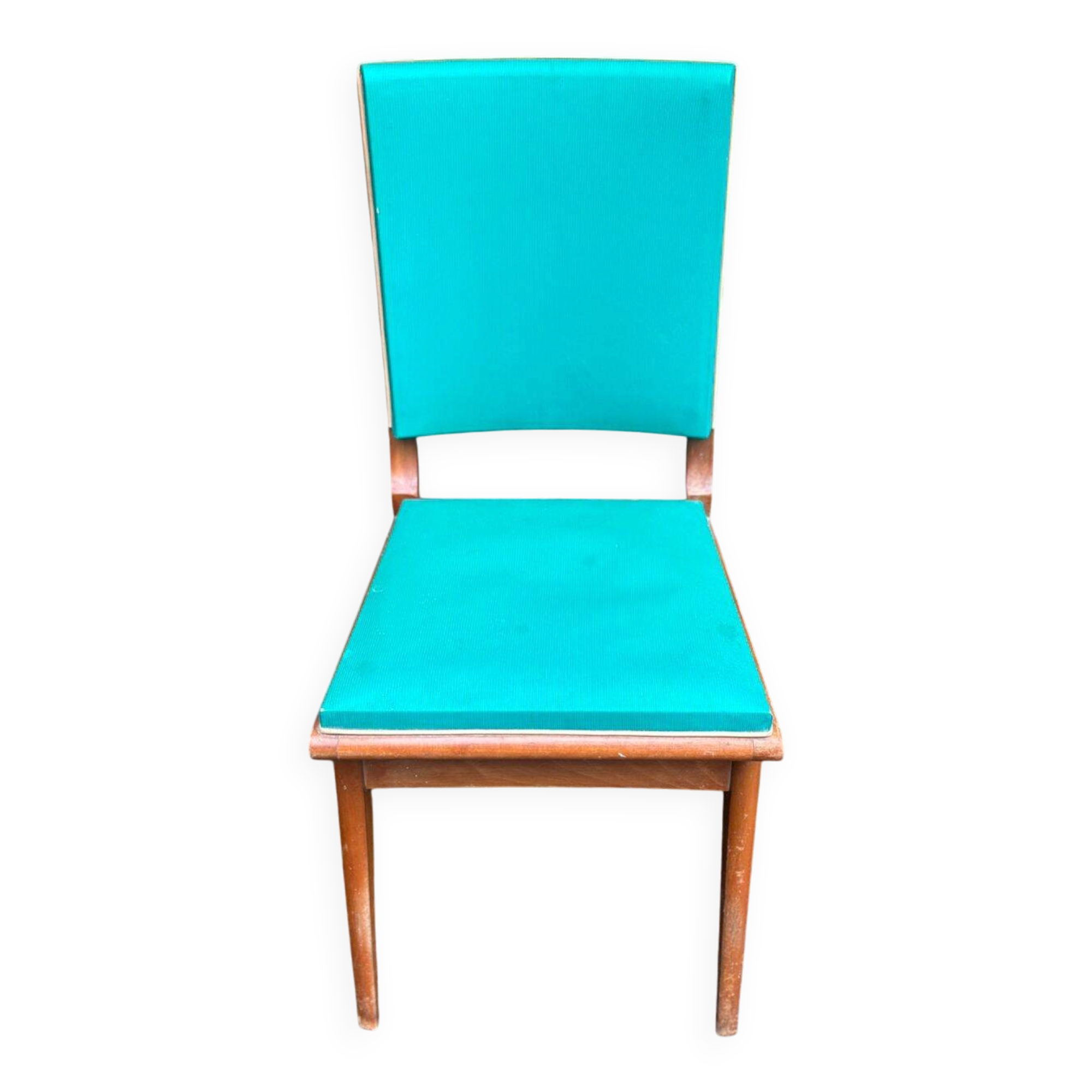 Scandinavian chair in solid oak and blue leather from the 1950s.
