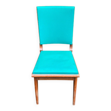 Scandinavian chair in solid oak and blue leather from the 1950s.