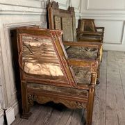 Pair of corner armchairs and an Orientalist bench in carved and polychrome wood from around 1900.