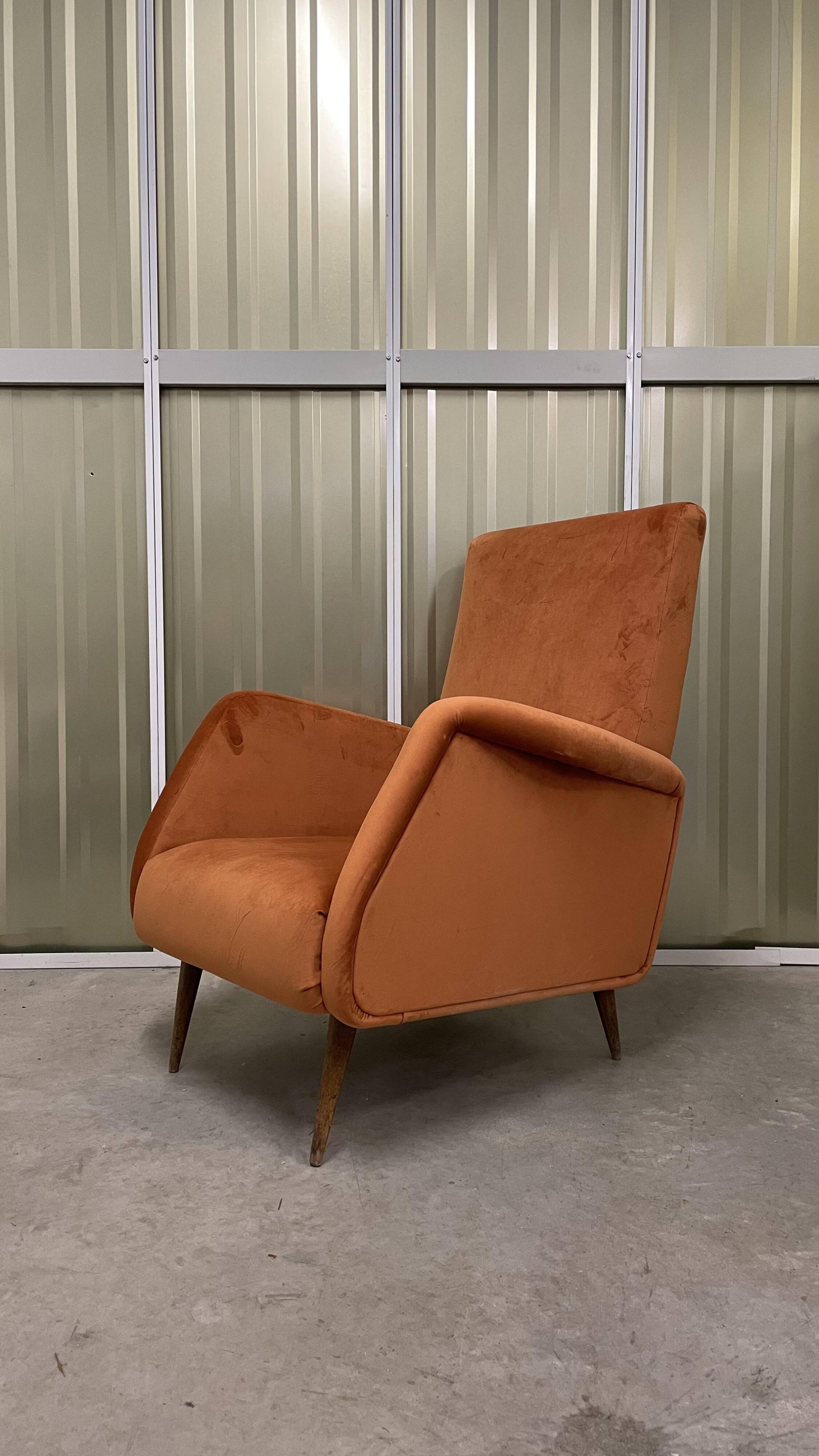 Italian armchair compass feet italy 60s reupholstered