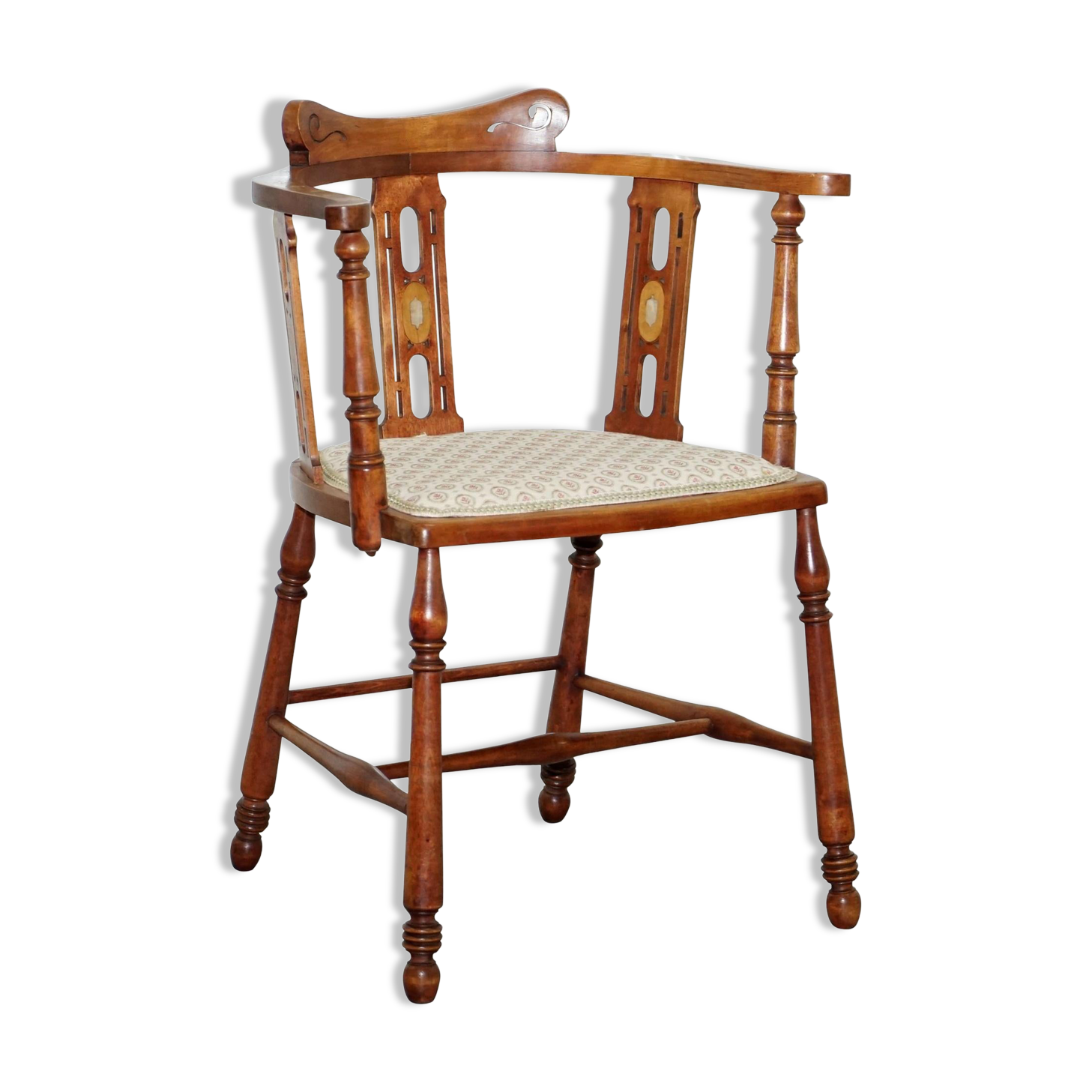 Chaise en noyer Edwardian à dossier courbé avec incrustation de nacre style Arts and Crafts