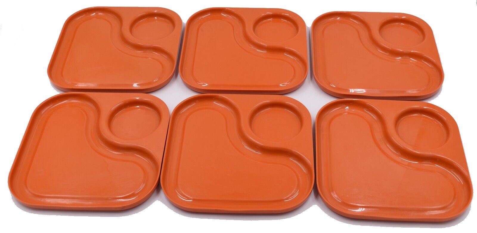 6 orange Guzzini plates with vintage 70s compartments