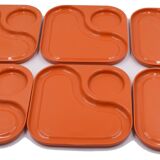 6 orange Guzzini plates with vintage 70s compartments