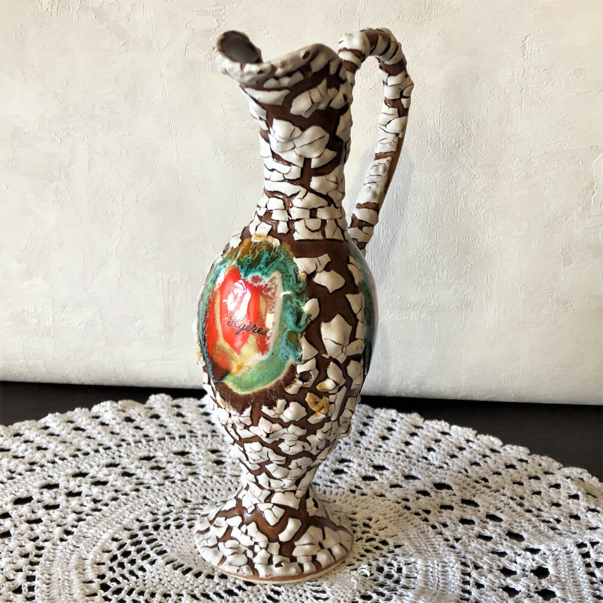 Carafe pitcher with handle, Vallauris style, sea foam, HYERES, vintage 60s