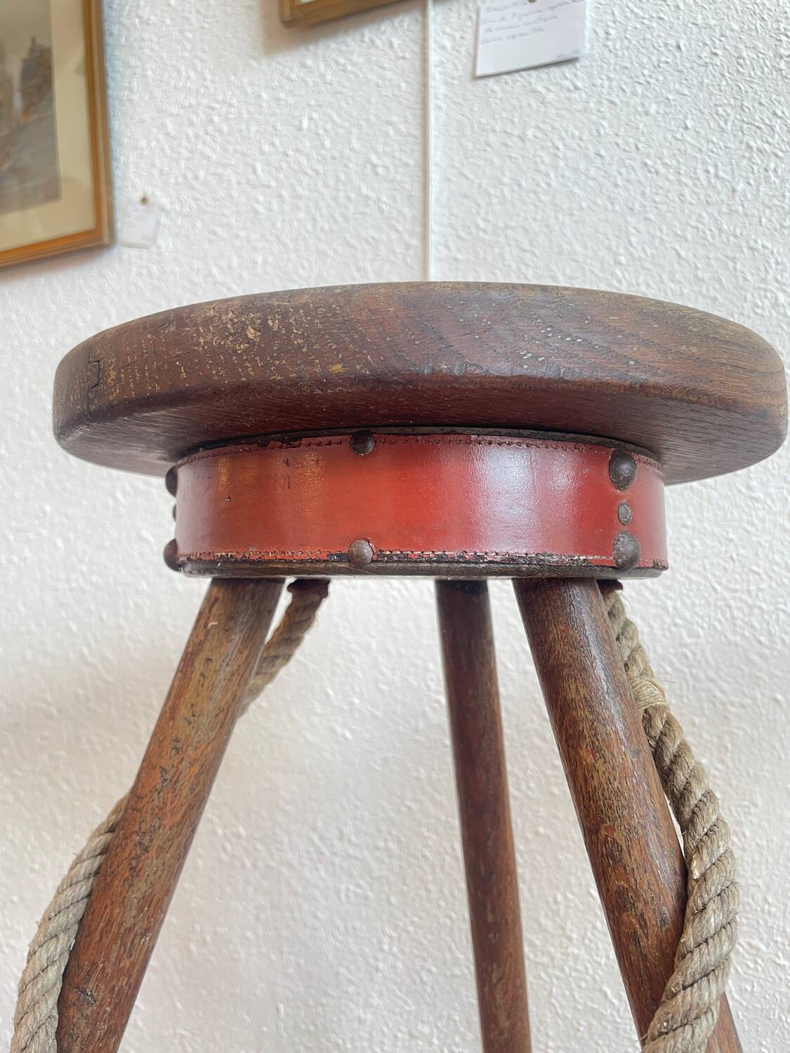 Pair of bar stools, wood and leather, circa 1950