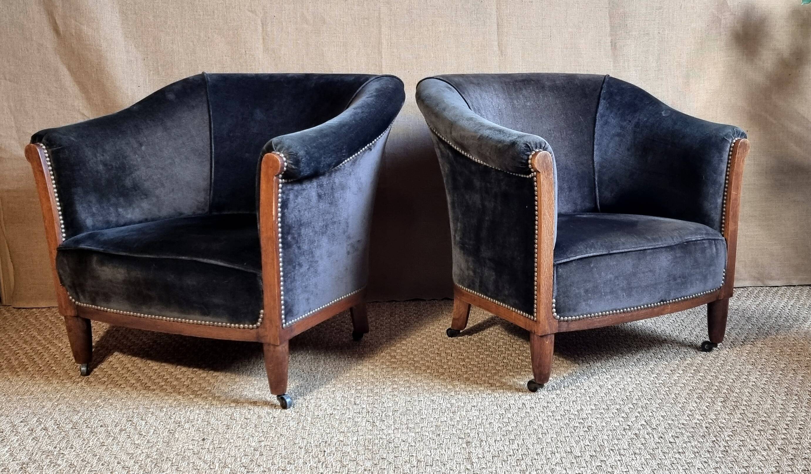 Pair of club armchairs called Monaco, studded velvet, art deco