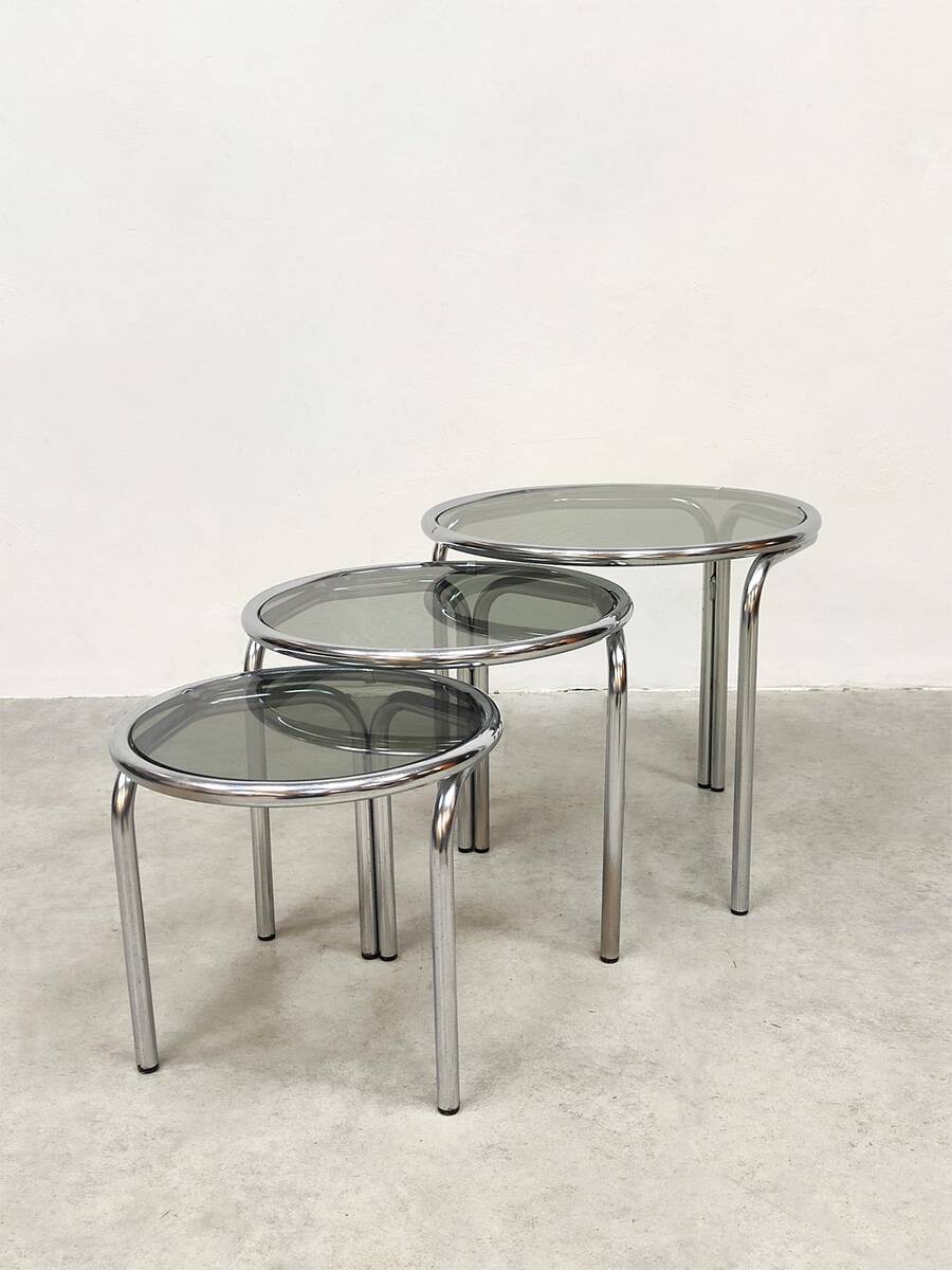 Vintage side tables in chrome and smoked glass by Italian design Mimiset