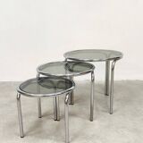 Tables d'appoint vintage en chrome et verre fumé de design italien Mimiset
