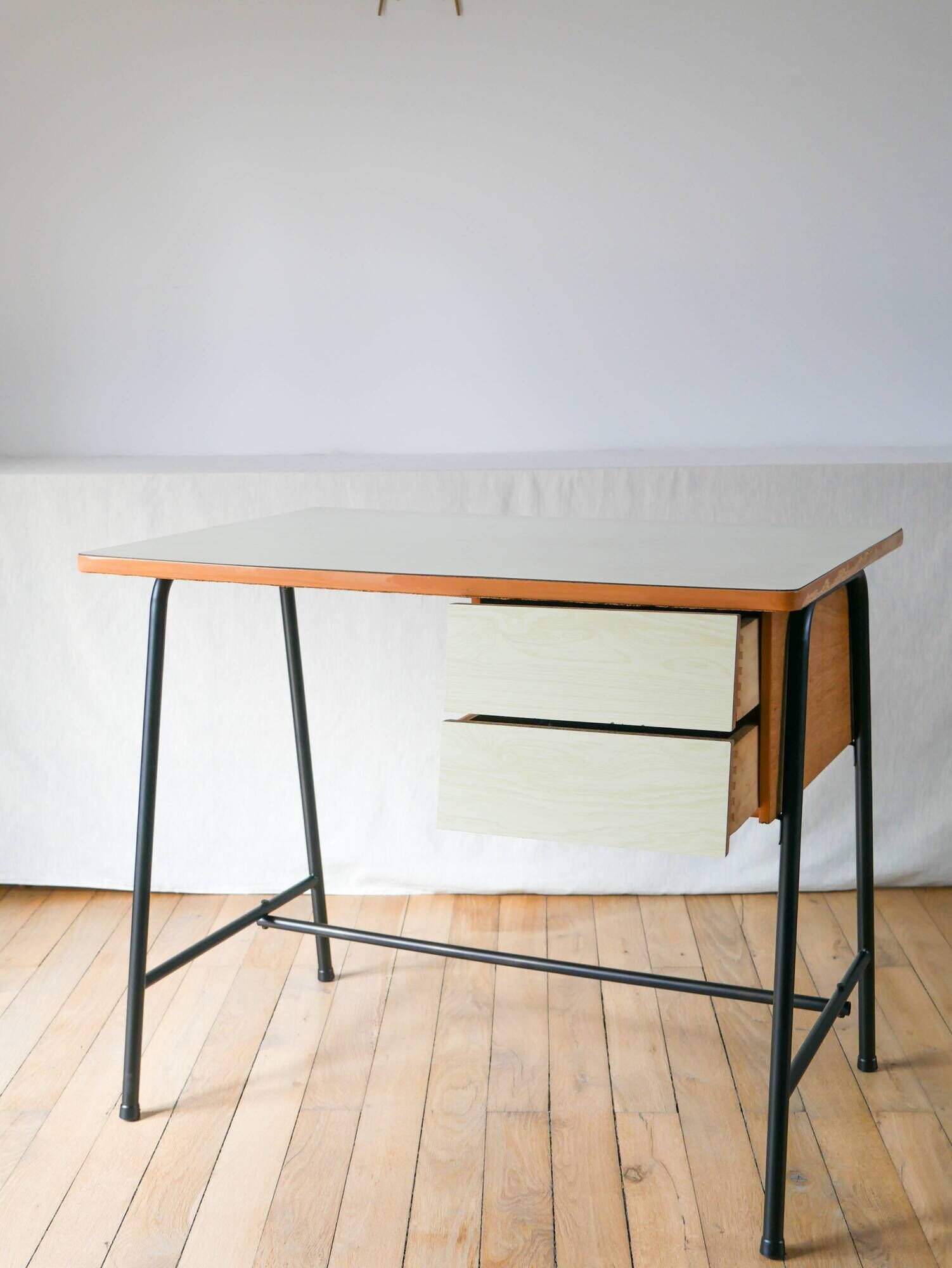 Formica, beech and black metal desk, Modernist Design, 1960