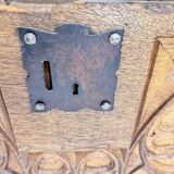 Antique Oak Chest with Carved Gothic Panel, 1900s