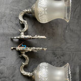 Pair of frosted glass globe wall lights from the early 20th century