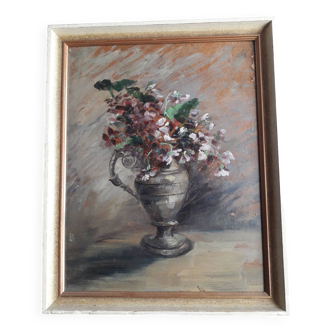 Tableau ancien à l'huile représentant un bouquet de fleurs