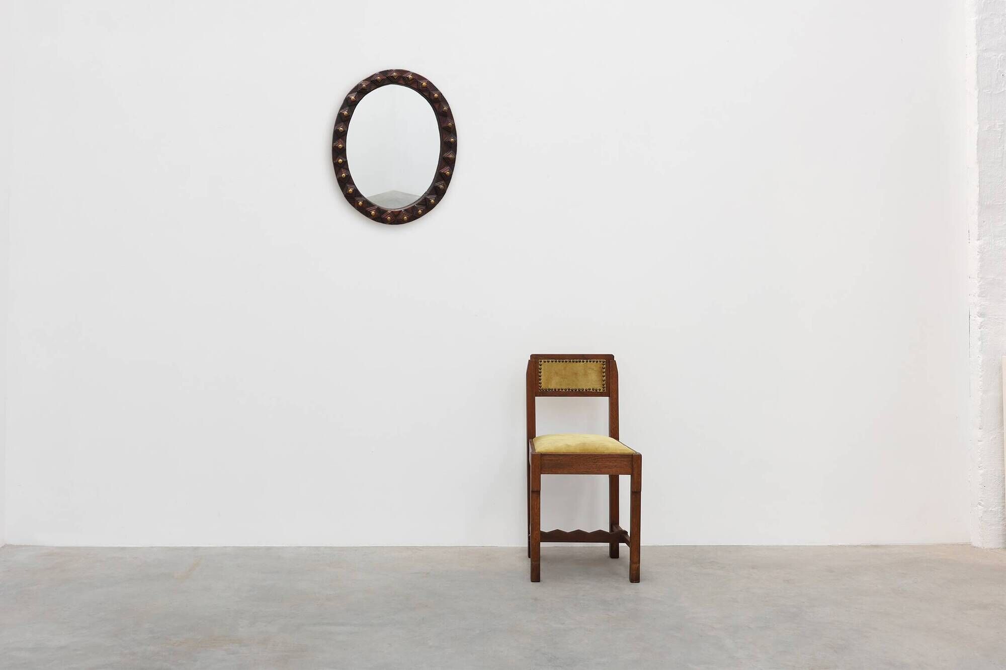 Spanish Brutalist Oval Mirror in Hand-Carved Wood with Brass Studs