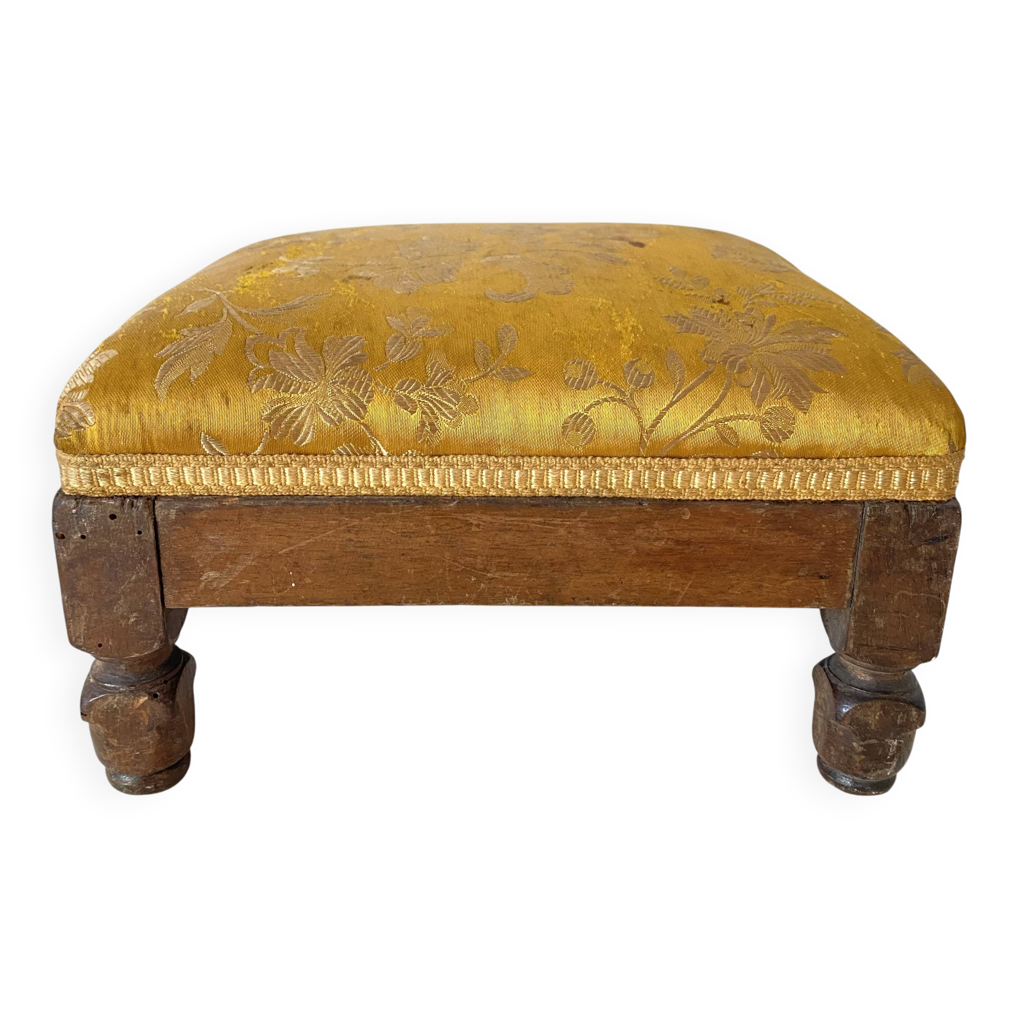 Low stool with antique wood and fabric footrest