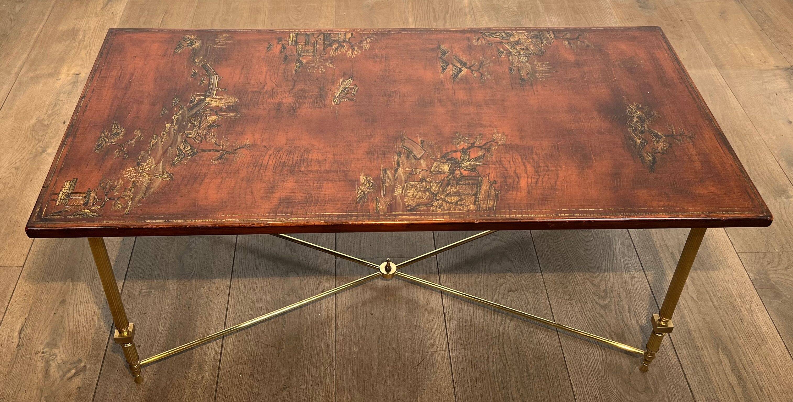 Neoclassical style brass coffee table with lacquered top depicting chinoiserie scenes, attributed to Maison Jansen