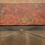 Neoclassical style brass coffee table with lacquered top depicting chinoiserie scenes, attributed to Maison Jansen