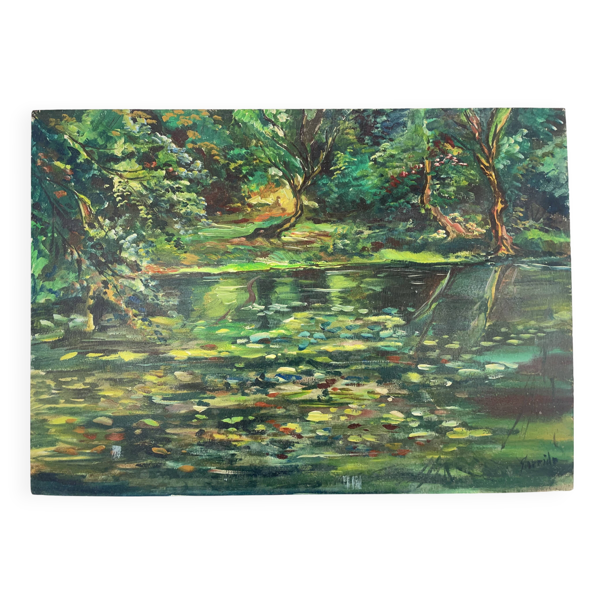 Huile sur panneau, Mare en sous bois bord du marais breton, signature identifier