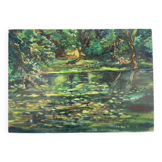 Oil on panel, Pond in the undergrowth on the edge of the Breton marsh, signature identified