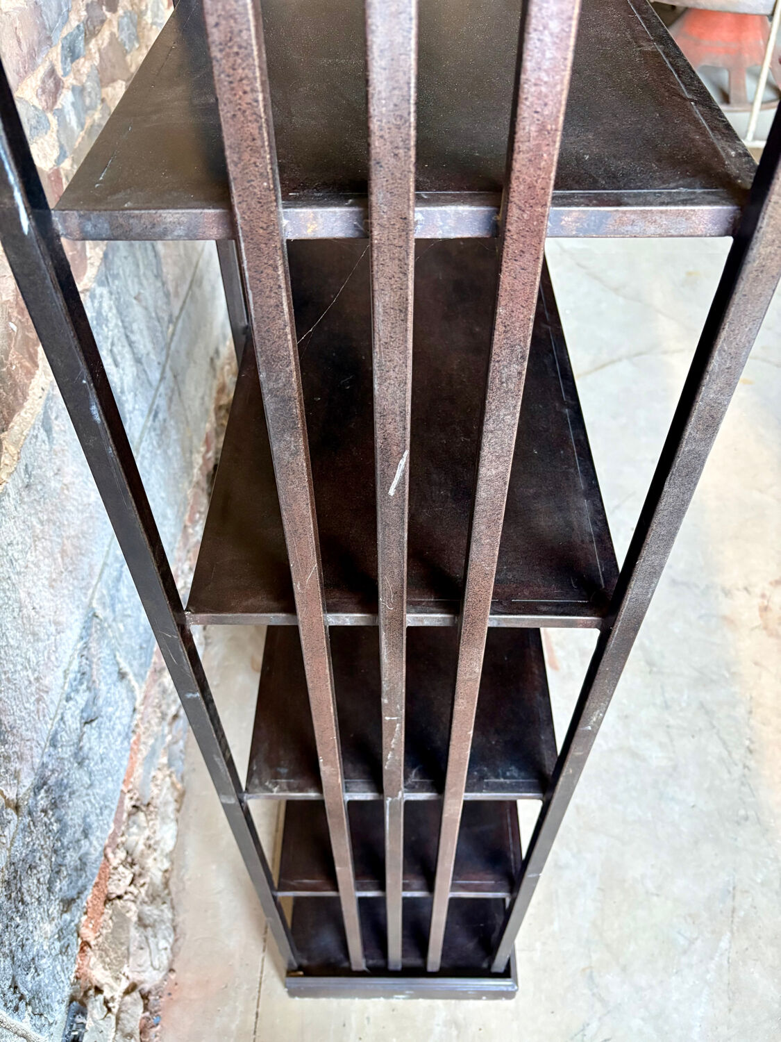 Large industrial black metal shelf – openwork graphic structure