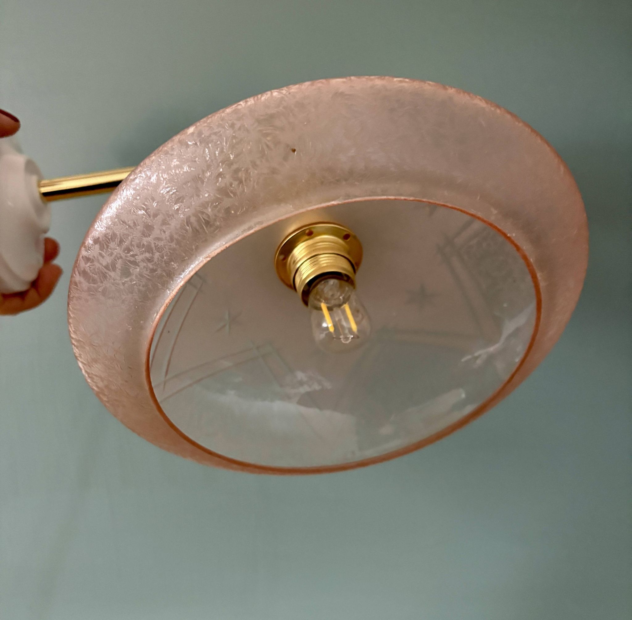 Vintage pink frosted glass wall lamp with elbow arm