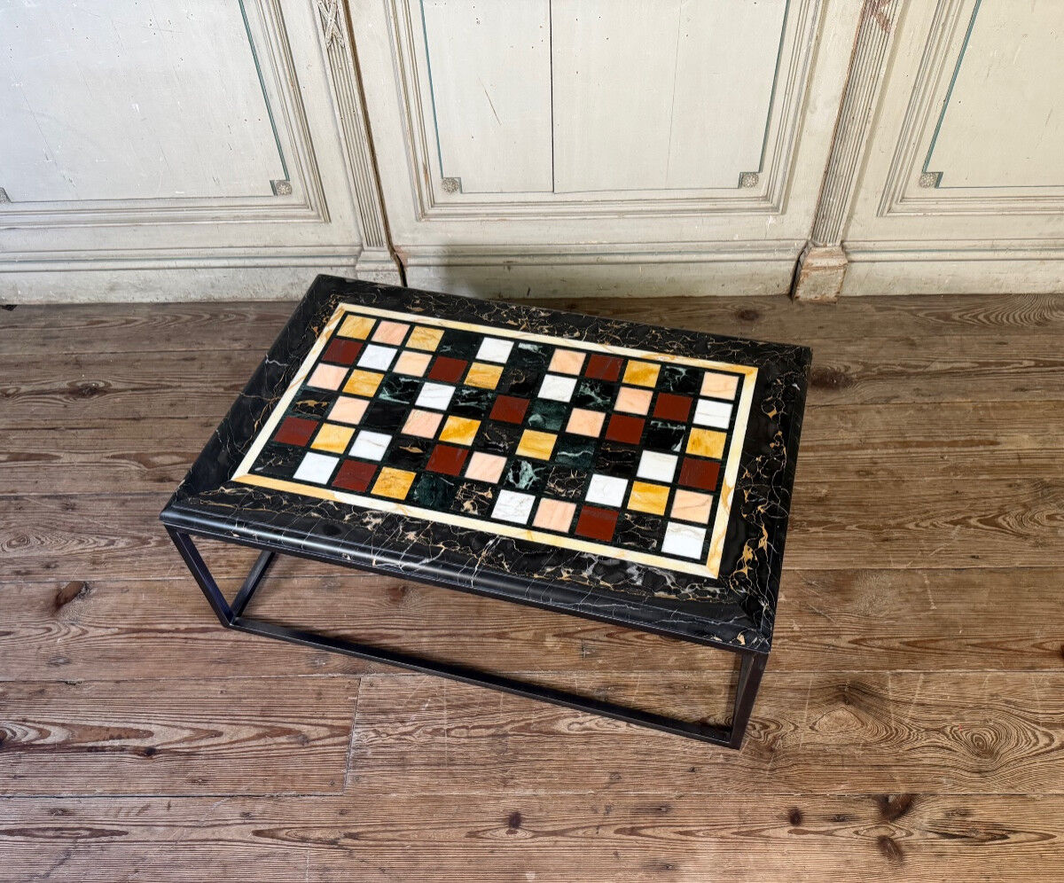 Coffee table, marble samples, custom metal base.