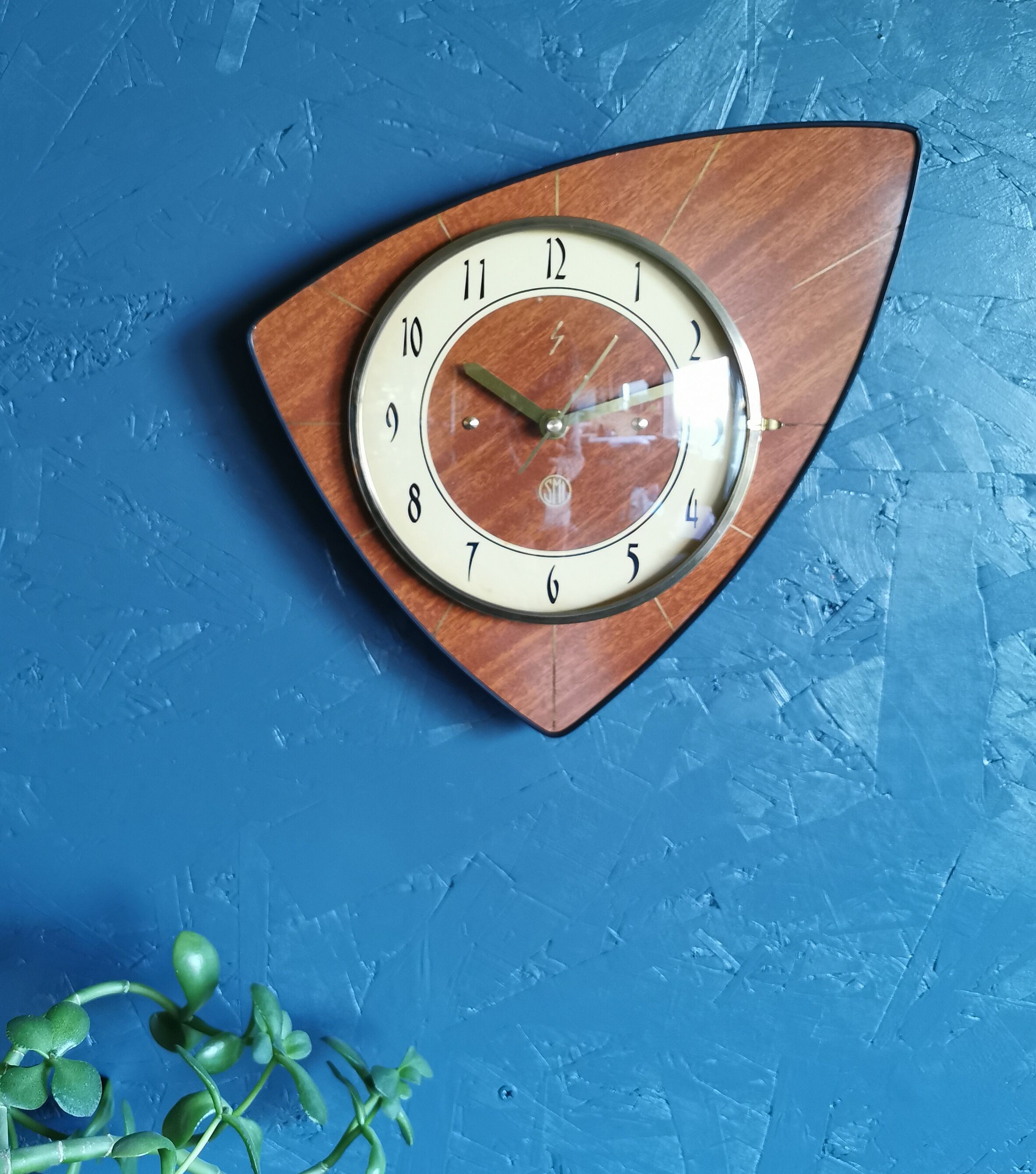 Vintage formica clock asymmetrical silent wall clock "SMI walnut golden lines"