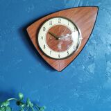 Vintage formica clock asymmetrical silent wall clock "SMI walnut golden lines"
