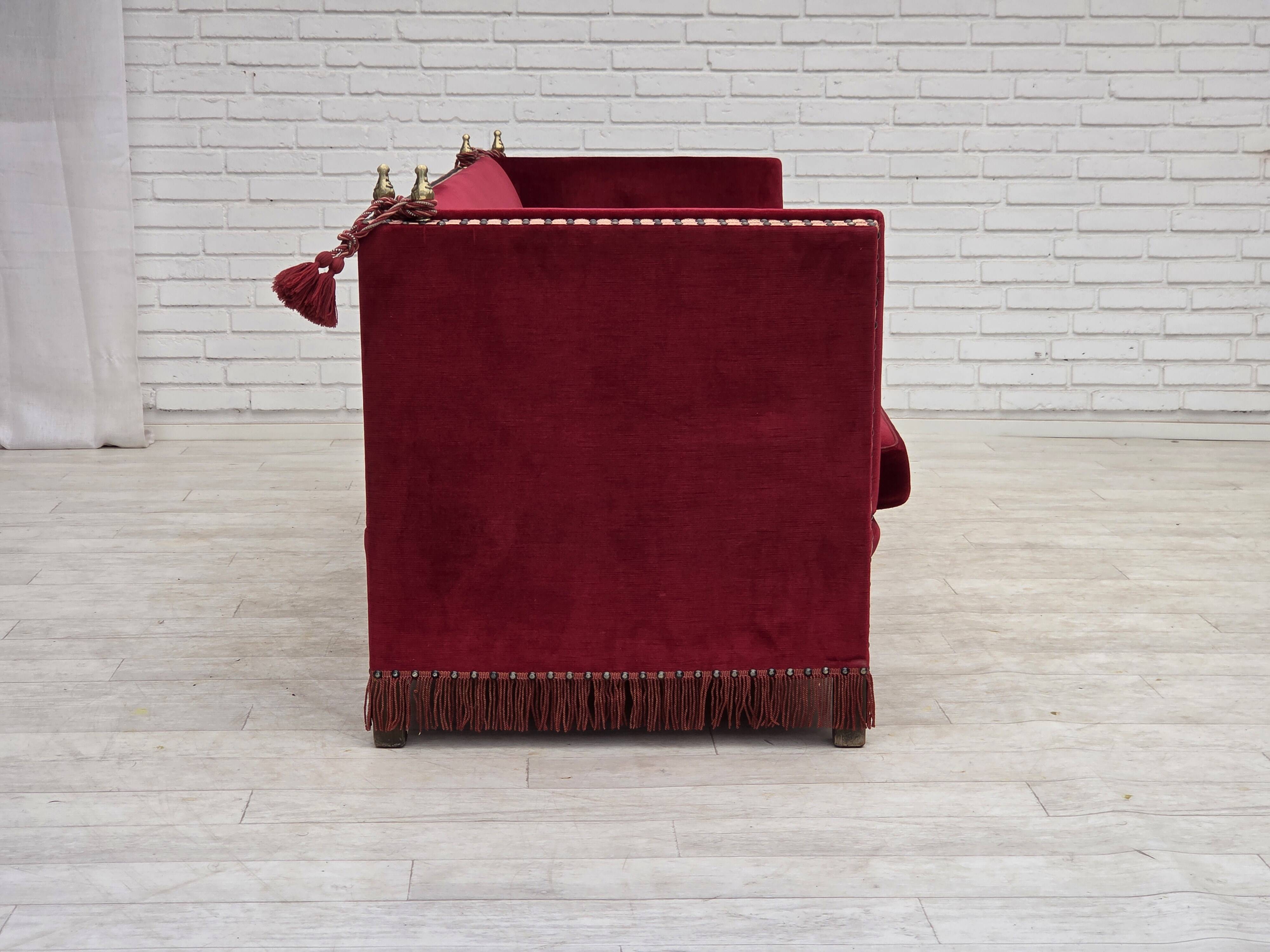 1970s, Danish 3-seater drop arm "Spanish" sofa, red furniture velour.