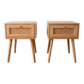 Paire de tables de chevet en bois et cannage, années 50