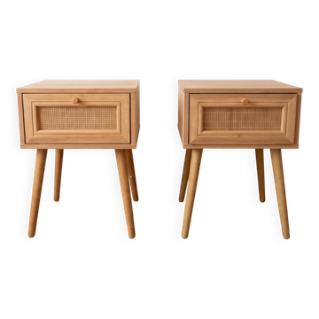 Paire de tables de chevet en bois et cannage, années 50