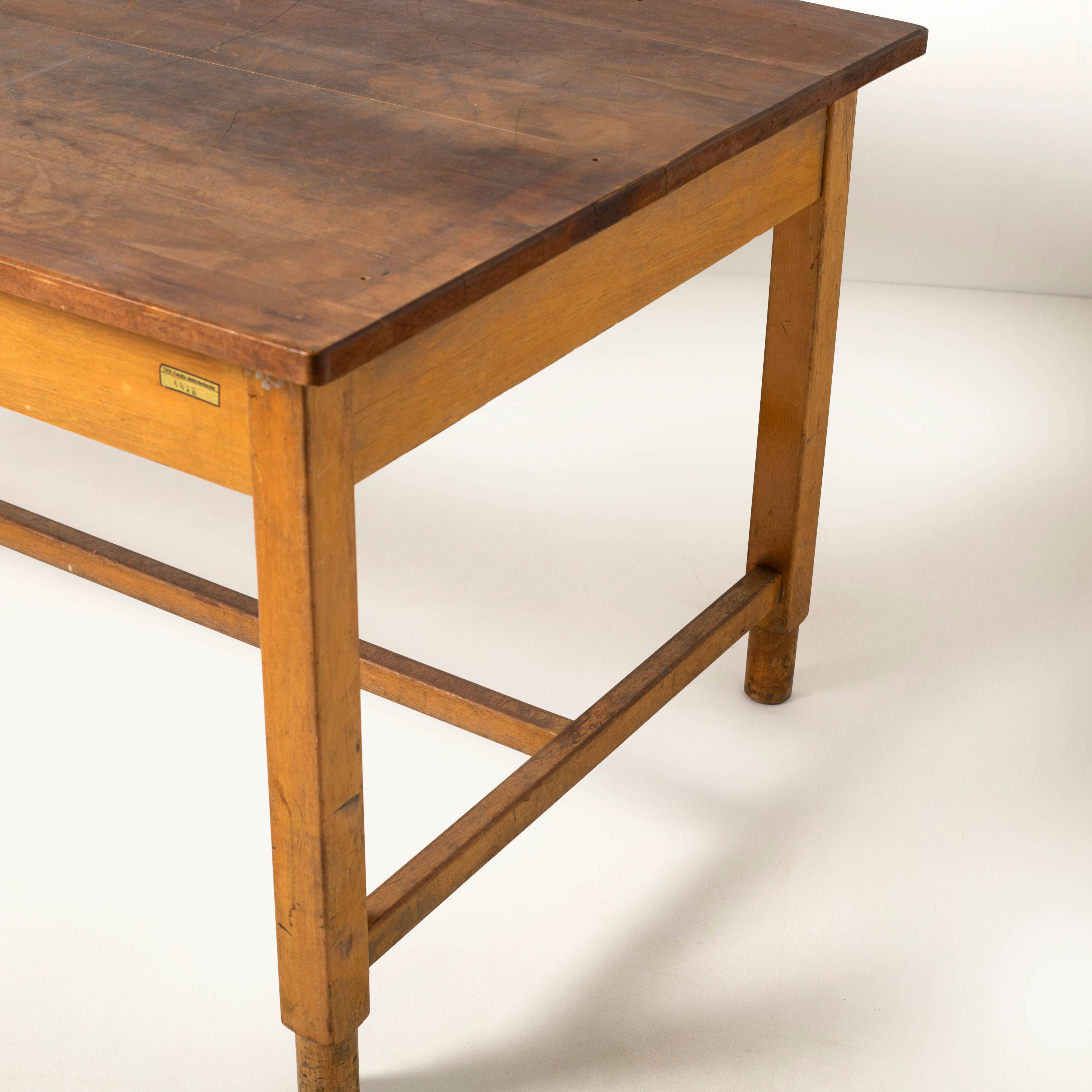 Large work / industrial / farm table, patinated wood, Czechoslovakia