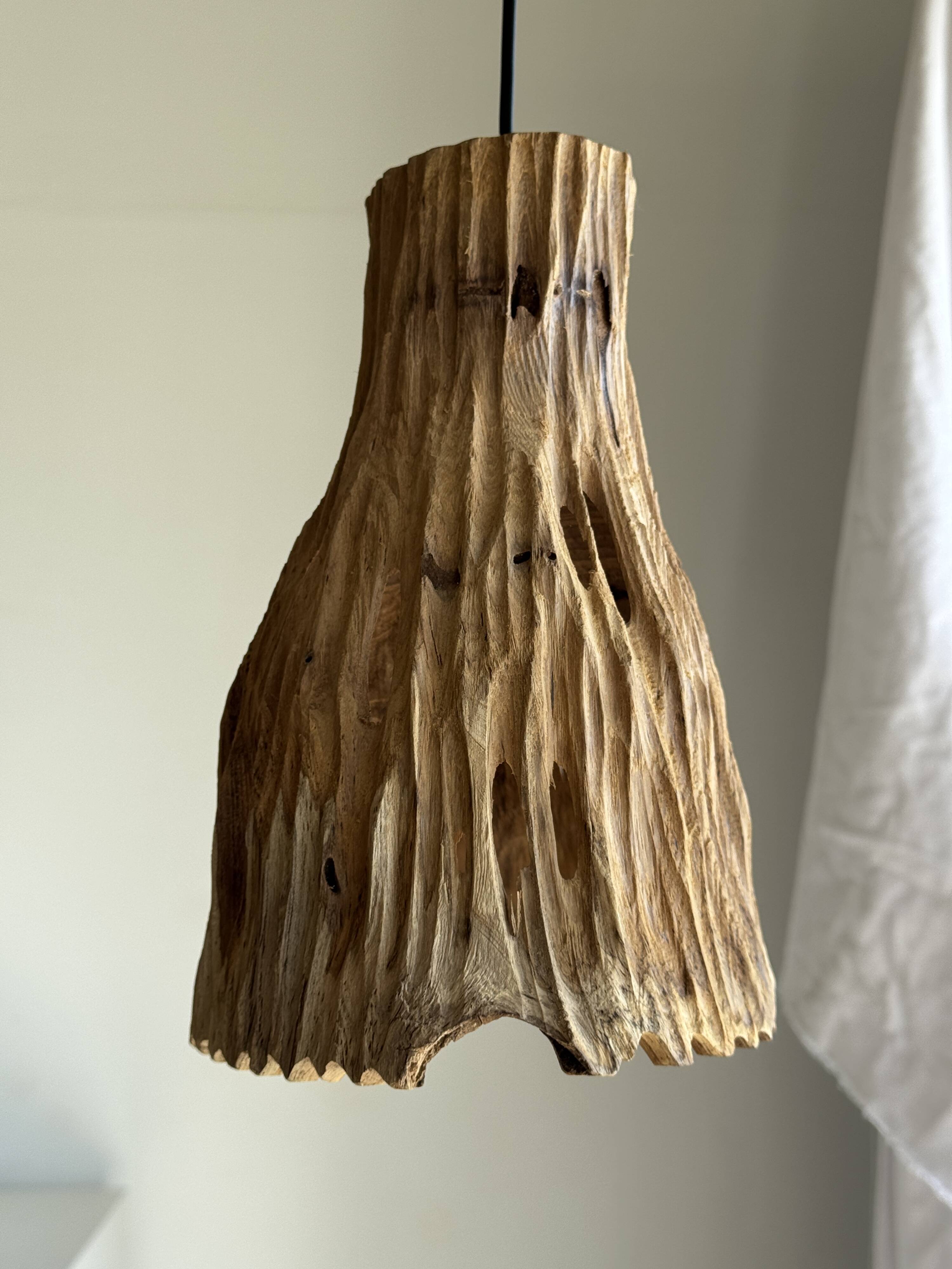 Suspension or lampshade in natural organic teak, tubular, H30 D22.
