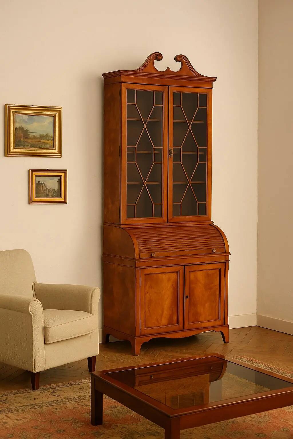 Victorian antique trumeau, various woods, England 19th century.
