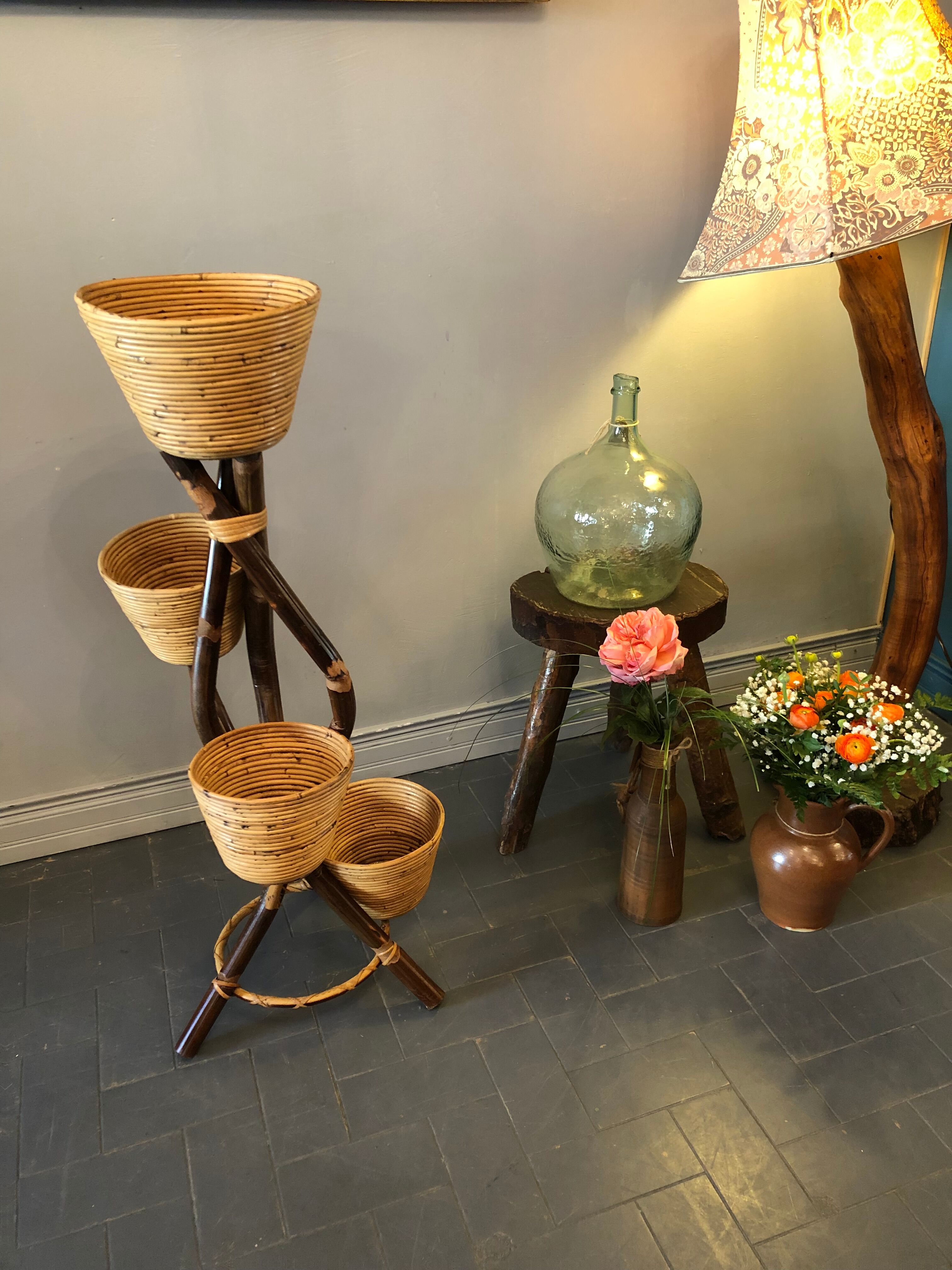 Vintage bamboo and rattan plant holder